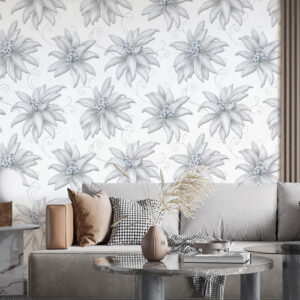 Floral-Patterned 3D Wallpaper (White & Grey)